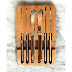 VTG Schrade Walden USA 6pc Steak Knife Set w/‎ Wood Block Bakelite Style Handles